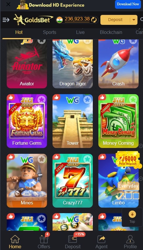 Screenshot of the GoldsBet gaming platform interface showing various game options, including Aviator, Dragon Tiger, Crash, Fortune Gems, Tower, Money Coming, Mines, Crazy777, Limbo, and others. The interface displays a balance of 236,923.38 INR at the top and options for Hot games, Sports, Live games, Blockchain games, and more